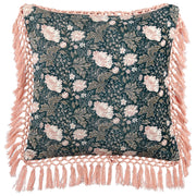 Cuscino decorativo blu rosa velluto 45 x 45 cm velluto motivo fiore frange moderno glamour decor