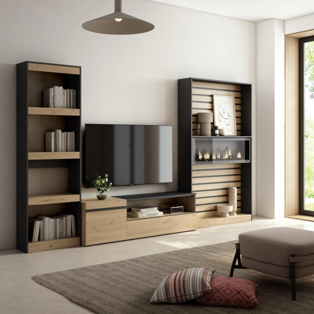 Mobile TV, Soggiorno, 320x35x186cm, Camino elettrico, colore Rovere e nero RF2599