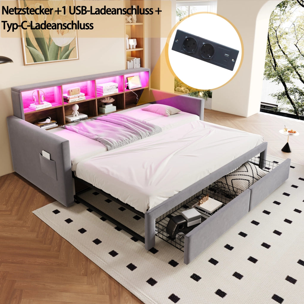 Letto imbottito in velluto grigio chiaro con illuminazione a LED e porta USB 90x190 cm