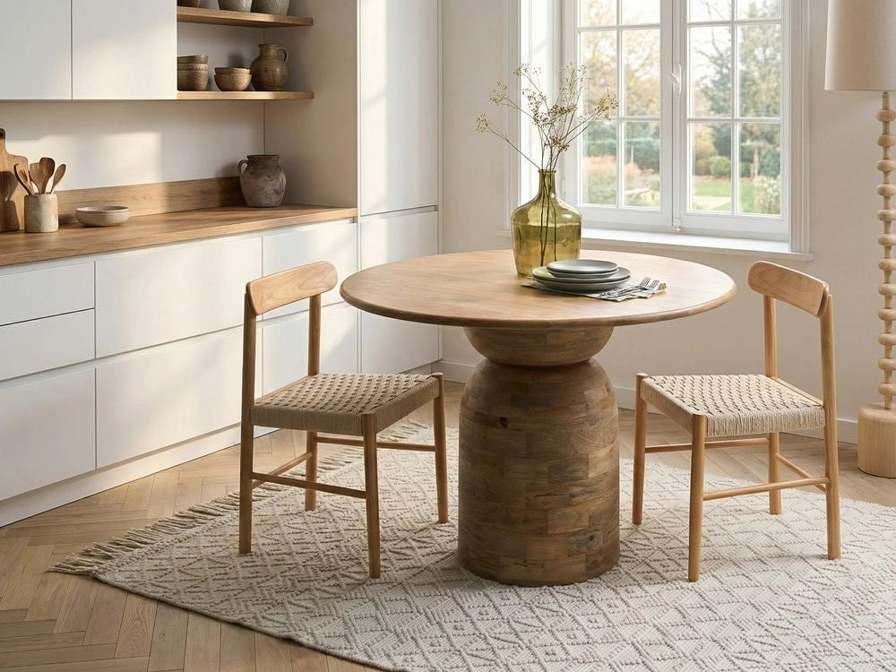 Tavolo da pranzo in legno di mango marrone chiaro ø 110 cm Struttura e base in legno massello Design moderno rotondo