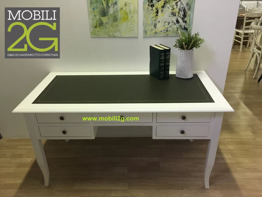 Scrivania arte povera legno bianco inserto ecopelle 130x65x81 - Mobili 2G