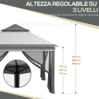 Gazebo con Zanzariere Regolabile su 3 Livelli, in Acciaio e tessuto Oxford, 326x326x272 cm, Grigio Chiaro e Scuro