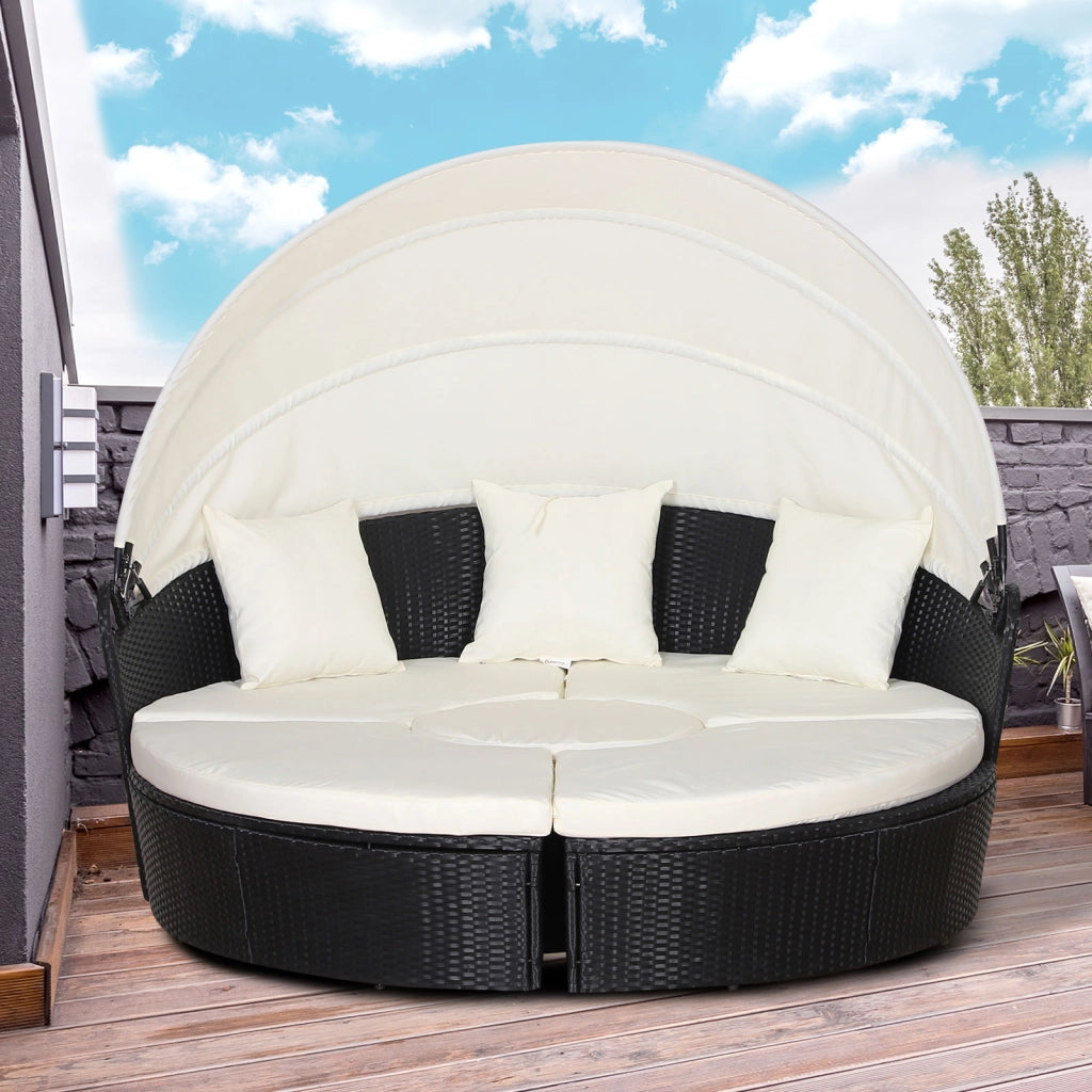 Easycomfort Set 4 Pzi Divano Circolare da Giardino, Mobili Componibili Rattan Nero, Tettuccio e Cuscini Beige 180x175x147cm
