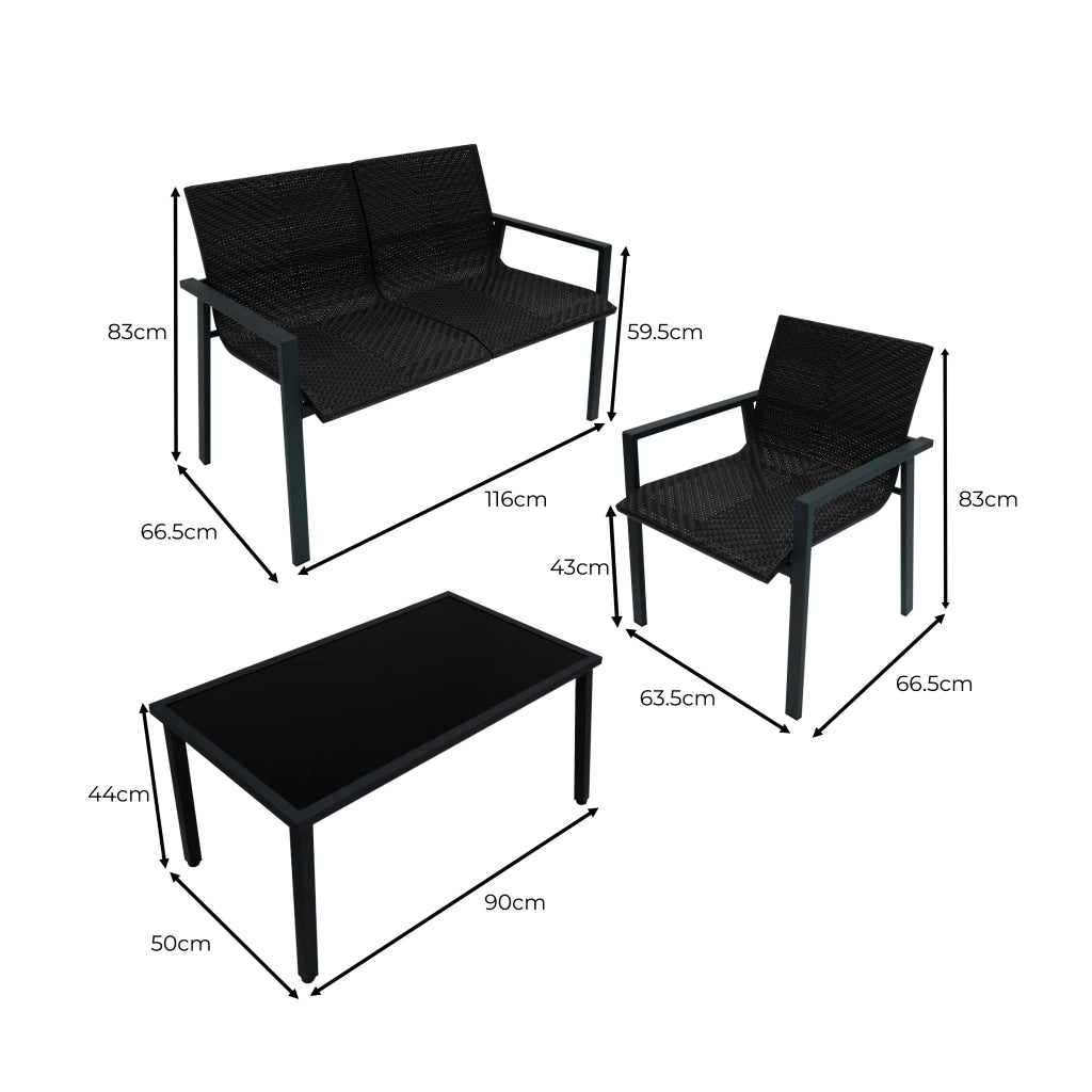 Set Giardino Rattan Nero 4 Pezzi con Divano, Poltrone, Tavolino & Copertura