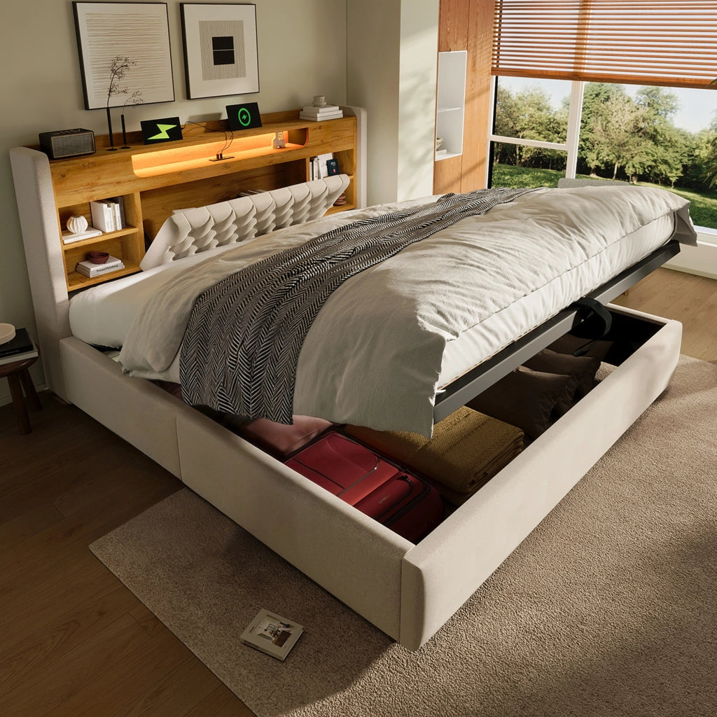 Letto Imbottito Contenitore 180x200 con LED e USB ¨C MINIMAL ¨C Beige, Tessuto Lino, Idraulico