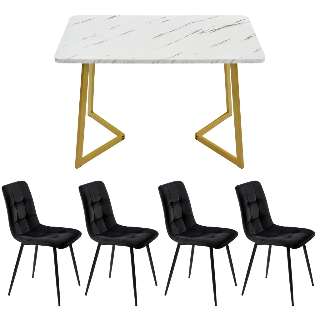 Set Tavolo da Pranzo con 4 Sedie ¨C Xylo ¨C Piano Rettangolare, Gambe Dorate, Velluto Nero, 117cm