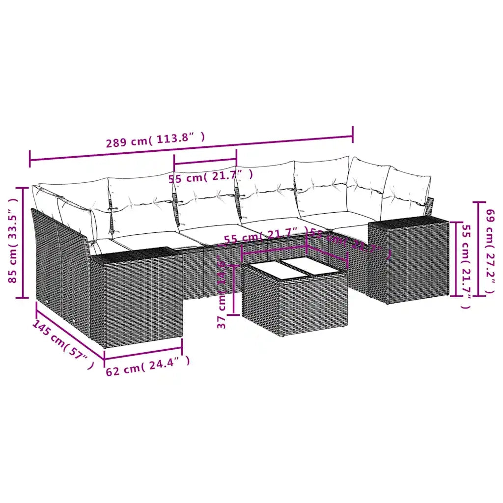 Set Divani da Giardino 8 pz con Cuscini Marrone in Polyrattan