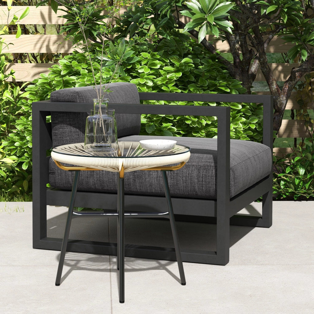 Tavolino da esterno in rattan sintetico rotondo con piano in vetro temperato ¨C Zephmum ¨C ?50x50 cm crema