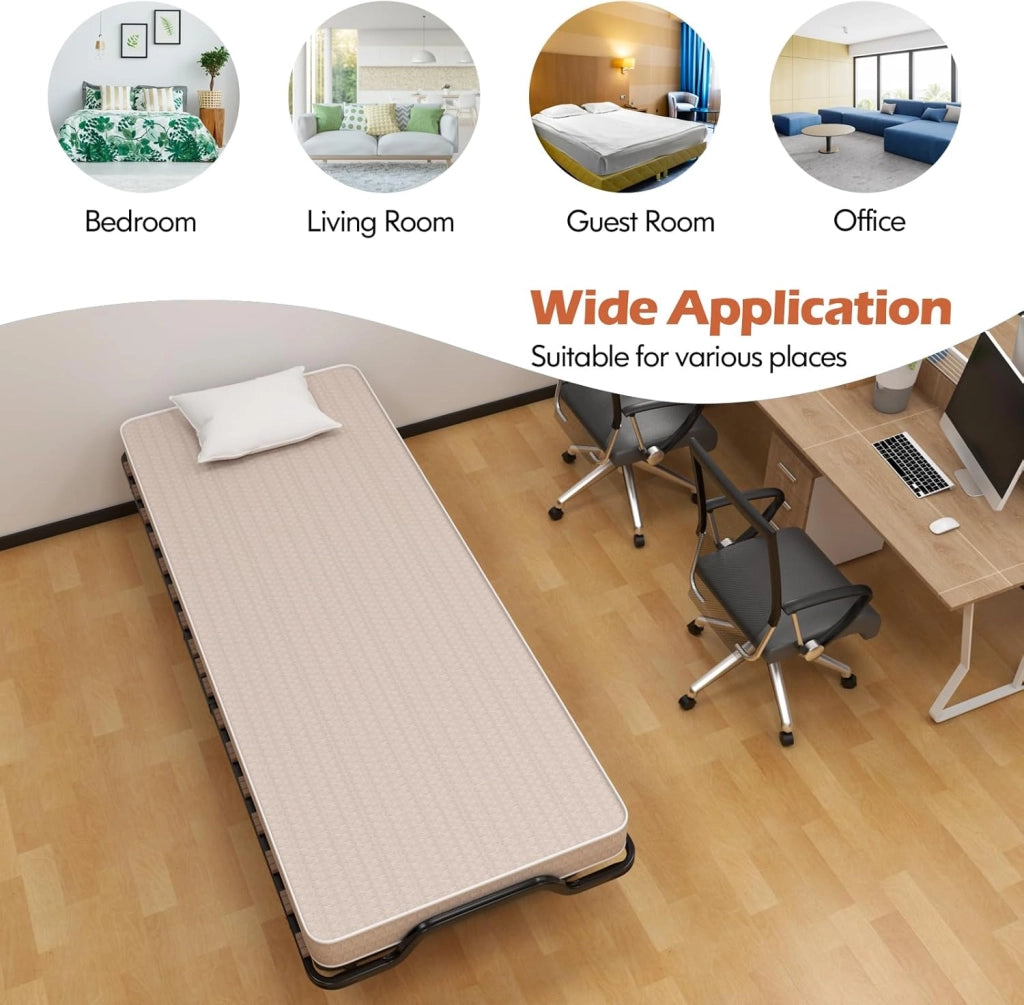 Letto Singolo Pieghevole, Portata di 120 kg, Letto Singolo con Materasso e 4 Ruote, 4 Gambe in Mettallo, Fibbia Fissata, 80 x 200 cm, Ideale per Viaggio e di Riserva