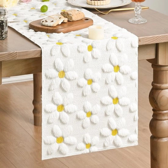 Tappeto Plush Crème/Bianco – 33 x 303 cm – Decorazione per Primavera, Estate e Festa con Fiori di Margherita in Piuma