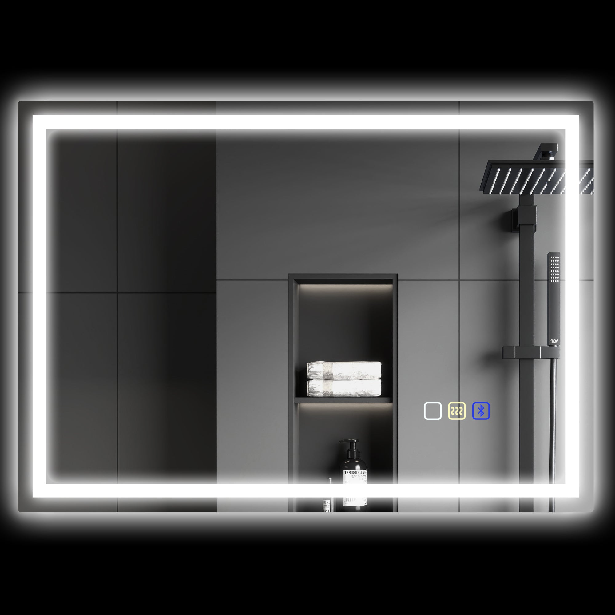 Specchio Bagno da Parete LED Antiappannamento 50x70 cm Speaker Bluetooth e Pulsanti Touch in Vetro Temperato