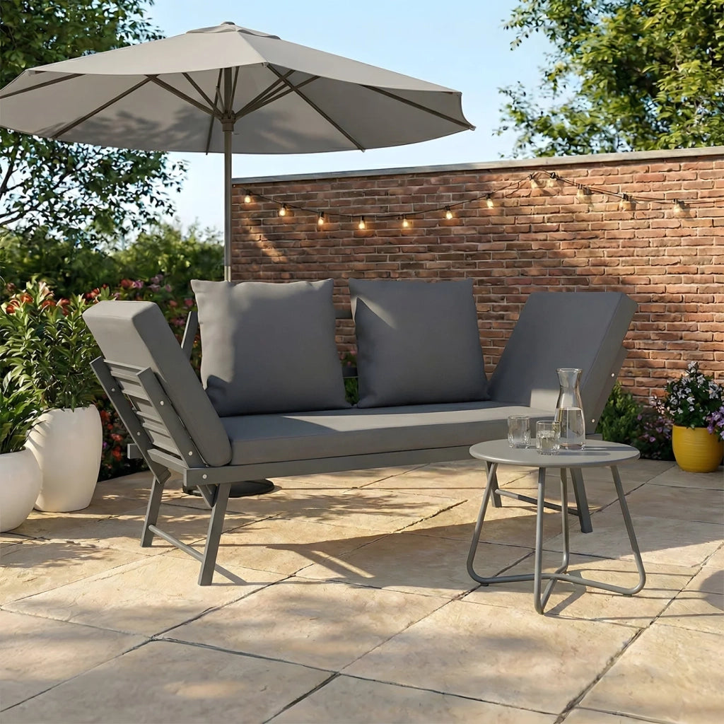 IDMarket - Divano da giardino e panca trasformabile NOLA a 2/3 posti con braccioli reclinabili in metallo e cuscini grigio antracite