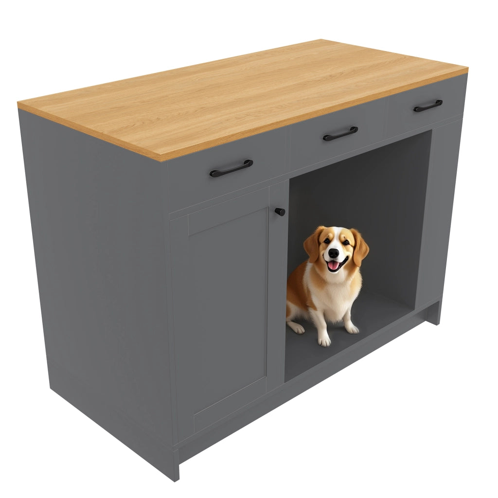 Carrello da Cucina con 3 Cassetti; Portaspezie; Ripiano Regolabile e Vano per Animale; in MDF; 120x60x90 cm; Grigio e Naturale