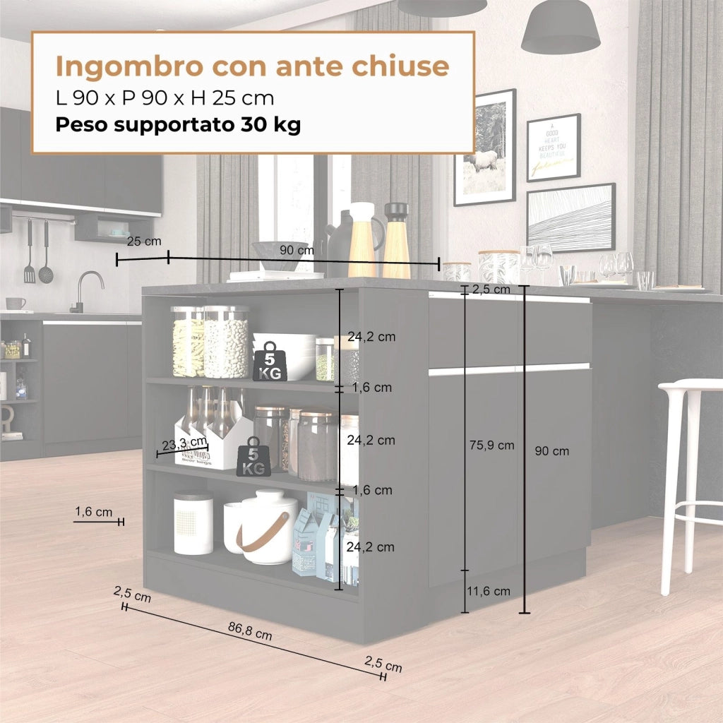 WHOUS Mobile a scaffale Sole con 3 ripiani antracite opaco e report 90x90x25 cm