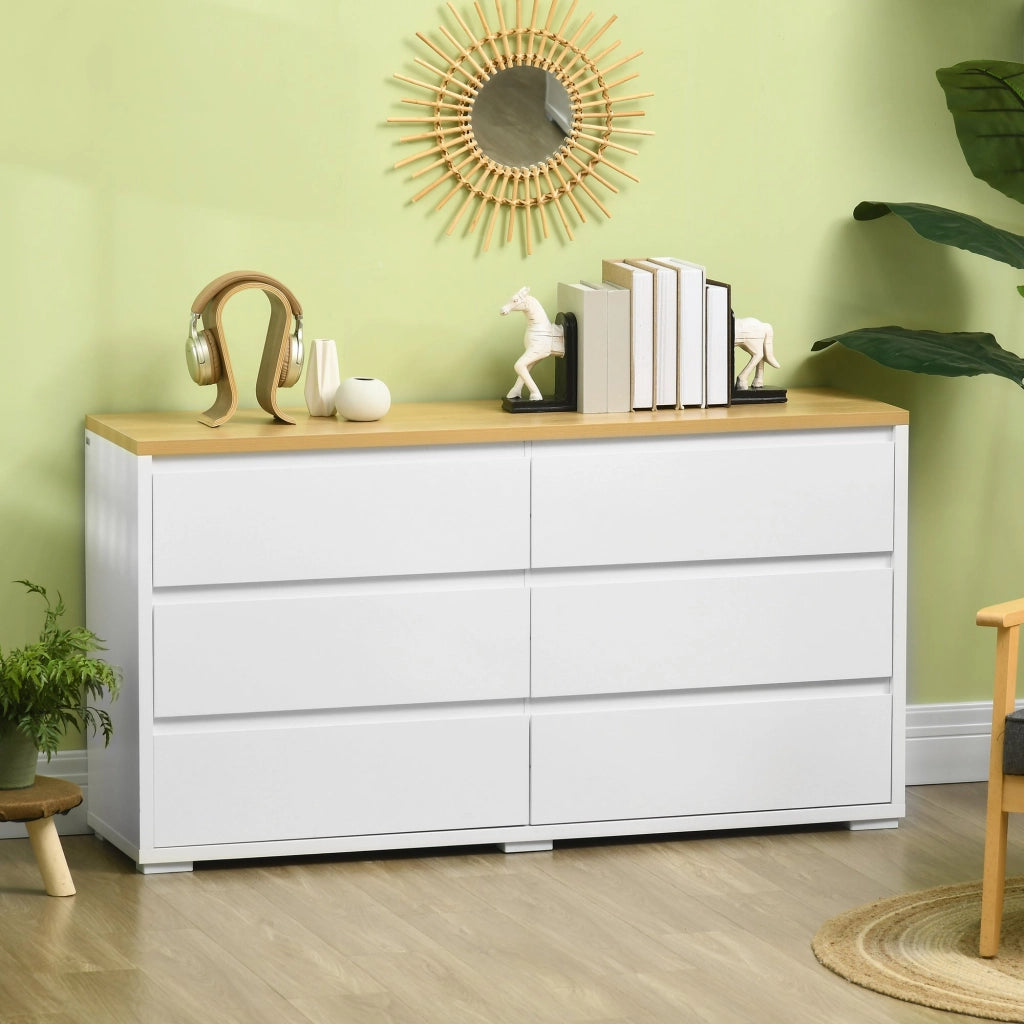 Cassettiera 6 Cassetti 140x37x75 cm in Truciolato Bianco e Color Legno