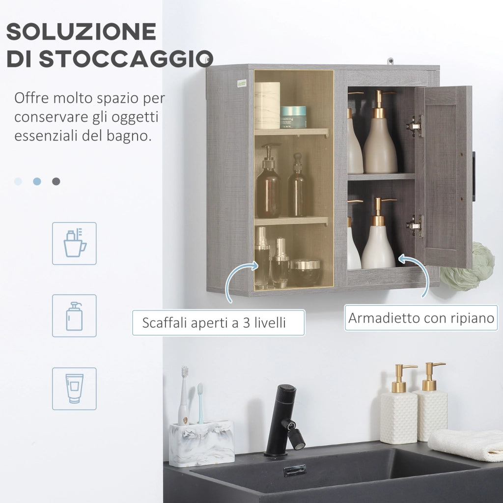 Mobile Bagno Pensile con Ripiani e Armadietto ¨C Zephmum ¨C Legno Truciolato Grigio 48x20x50cm
