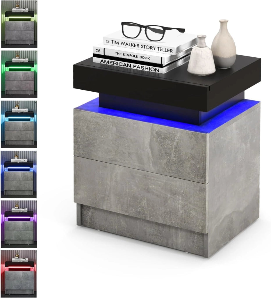 Comodino a LED, 20 colori statici e 21 modalità dinamiche, tavolo da notte con 2 cassetti, tavolino, modalità di illuminazione regolabile e telecomando, 45 x 35 x 52 cm