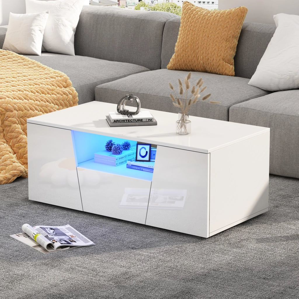 TAVOLINO DA SALOTTO LED 100x50x40 cm Bianco in Truciolare con 2 Armadietti e 1 Cassetto