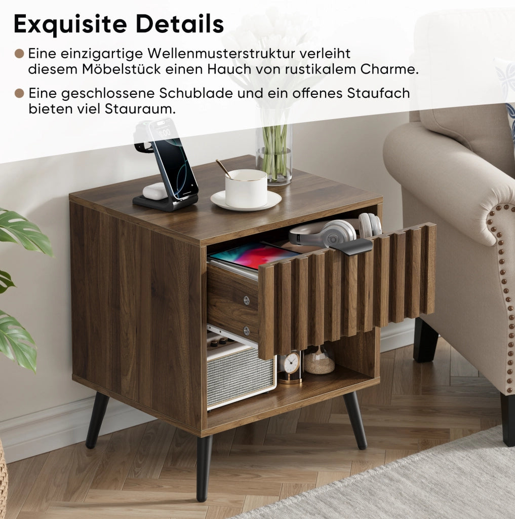 Comodino moderno in MDF effetto noce con cassetto