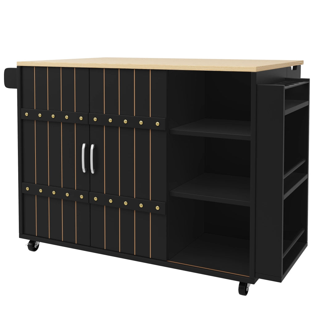 Carrello da Cucina con 3 Cassetti; 2 Ante Scorrevoli; Ripiani Regolabili; Portasciugamani e Ruote; in MDF; Nero; 110 x 42 x 90 cm