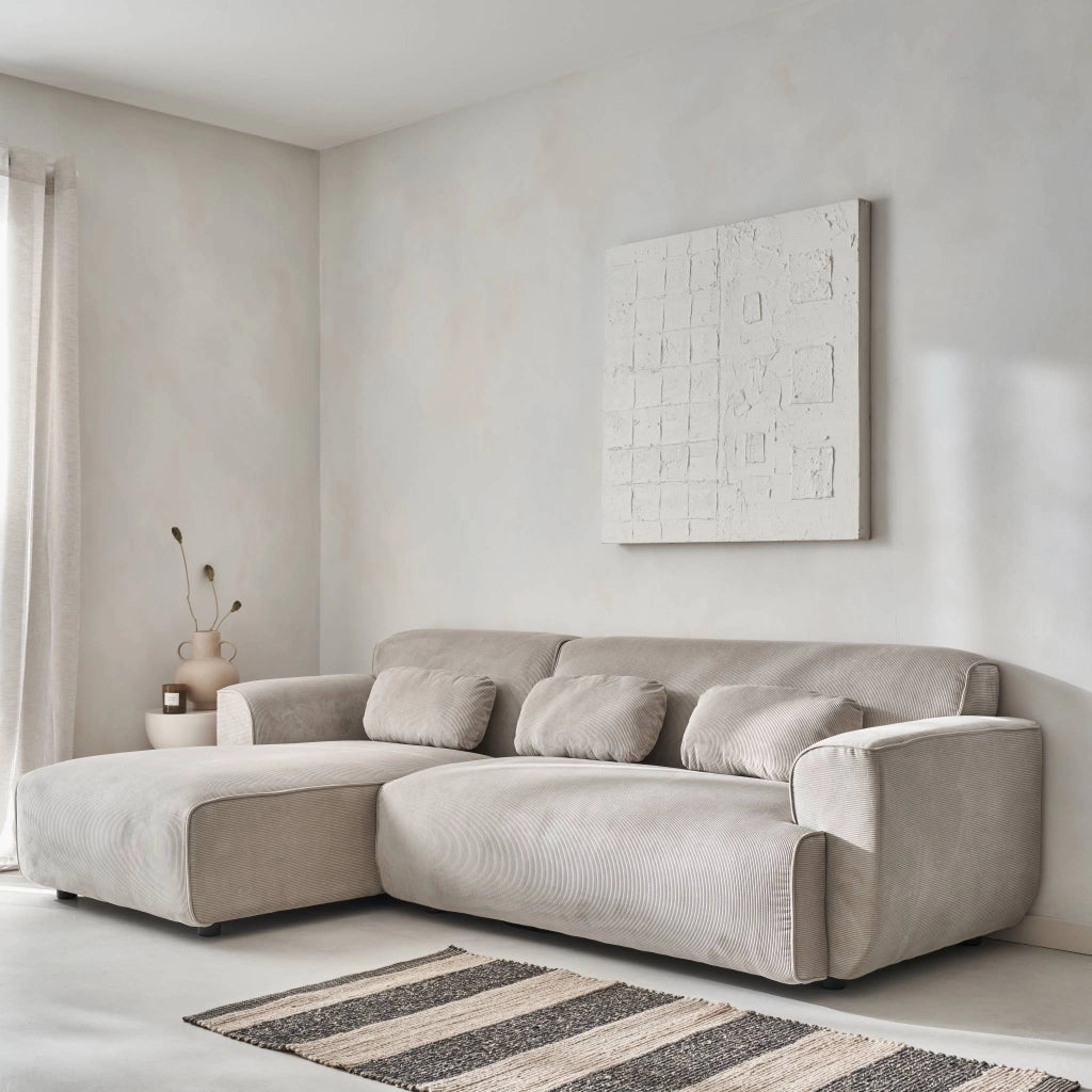 Divano angolare sinistro in velluto a coste fini, 2-3 posti, beige