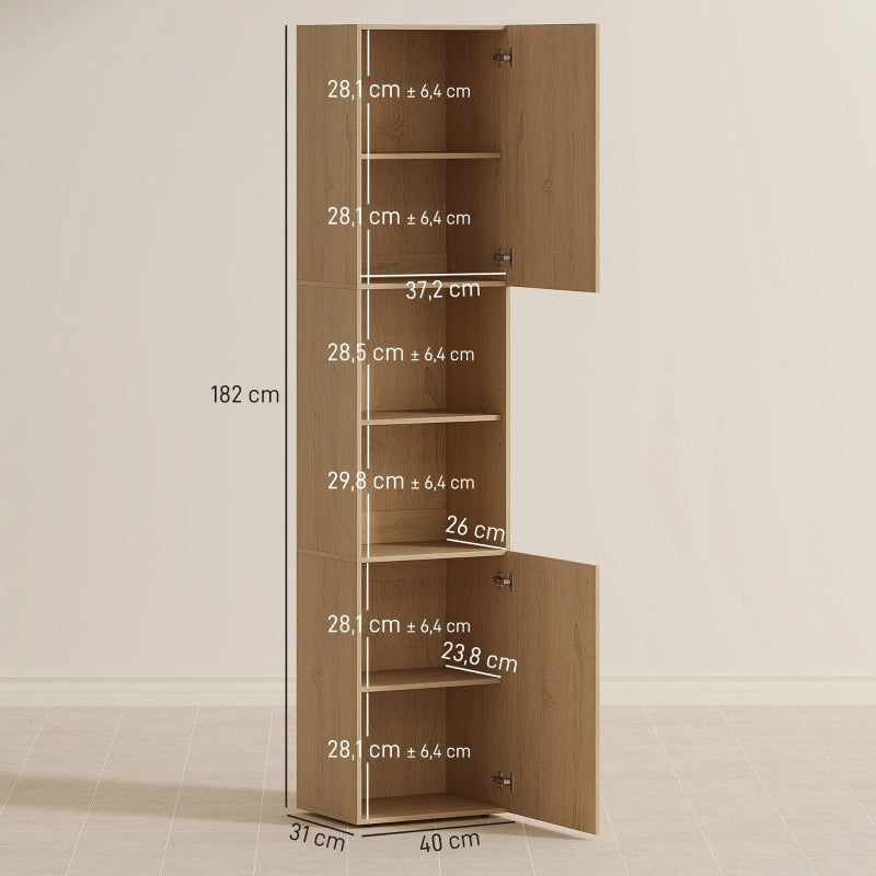 Mobile bagno alto stretto 40x31x182 cm, 2 vani chiusi, ripiani aperti, colore quercia