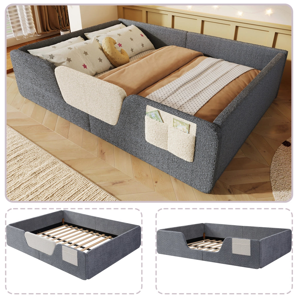 Letto per bambini 140×190 cm con sponde removibili e tasca portaoggetti; senza materasso; velluto; grigio