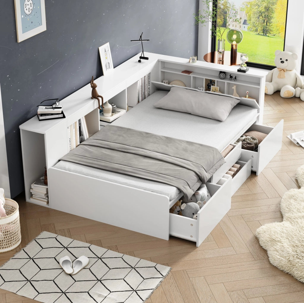 Letto per bambini multifunzione 90x200 cm in MDF bianco con 4 cassetti; libreria e contenitori