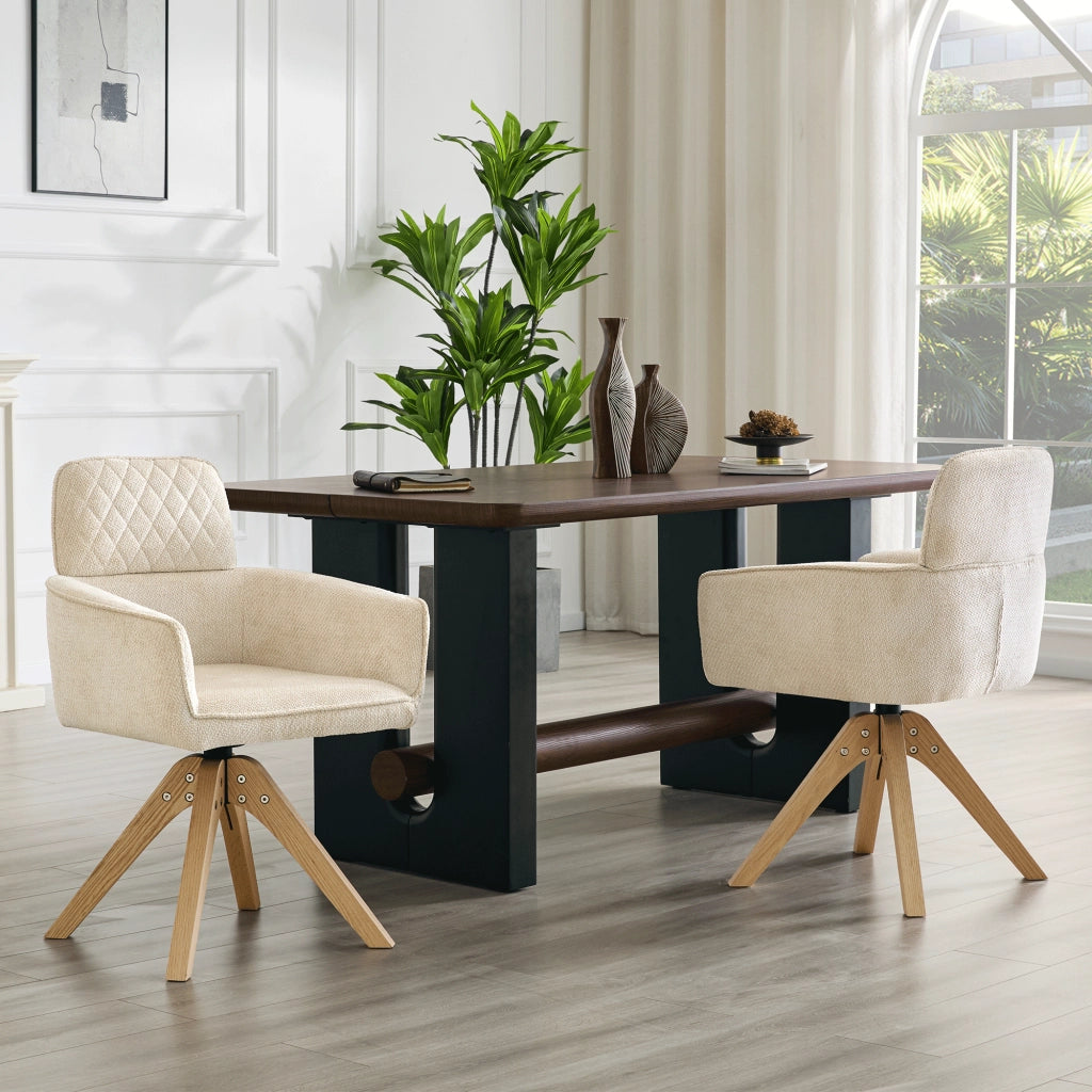 Sedia da Pranzo Set da 2 Girevole a 360° con Braccioli e Gambe in Legno Massello in Tessuto Bianco e Legno