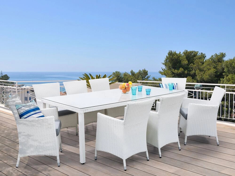 Set da Pranzo da Giardino con Tavolo e 8 Sedie con Cuscini in Simil Rattan Bianco