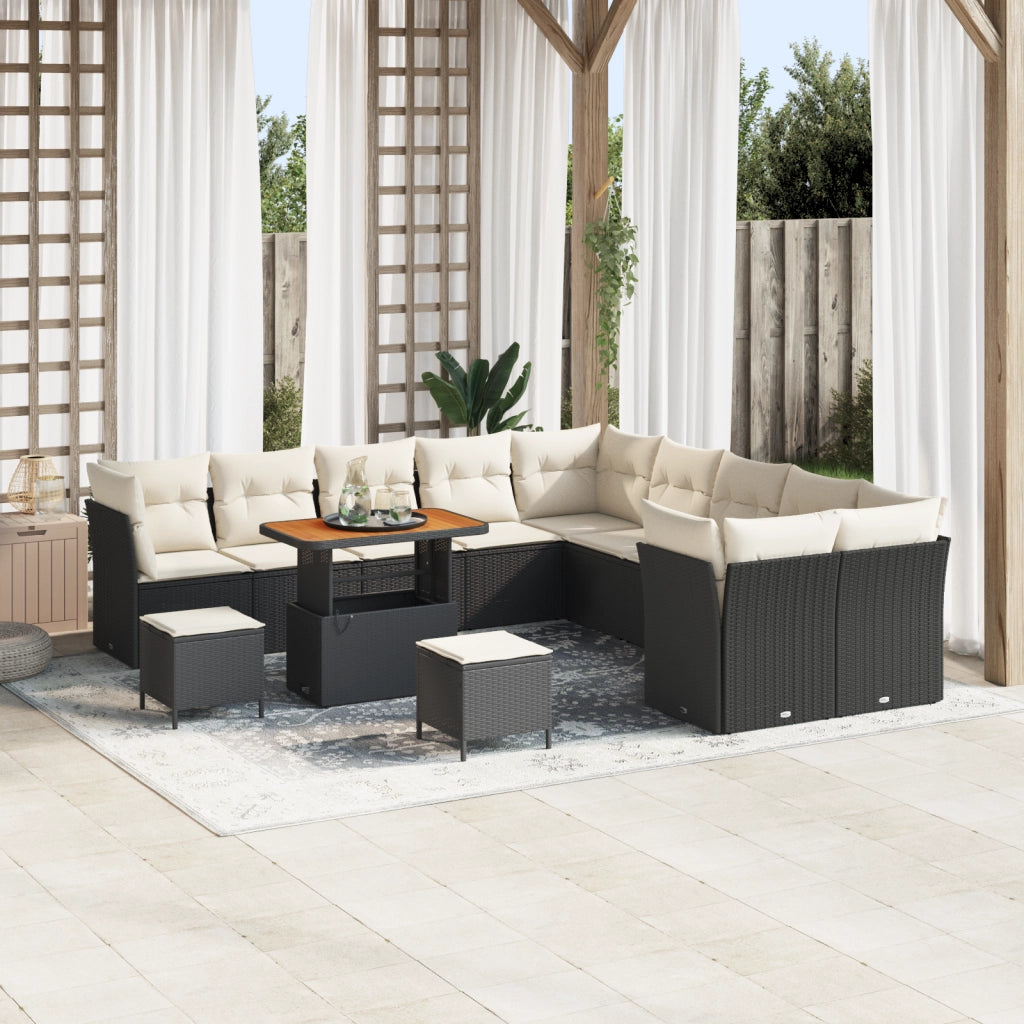Set di SofÃ  da Giardino da 13 Pezzi con Cuscini Nero Rattan Polimerico Acacia