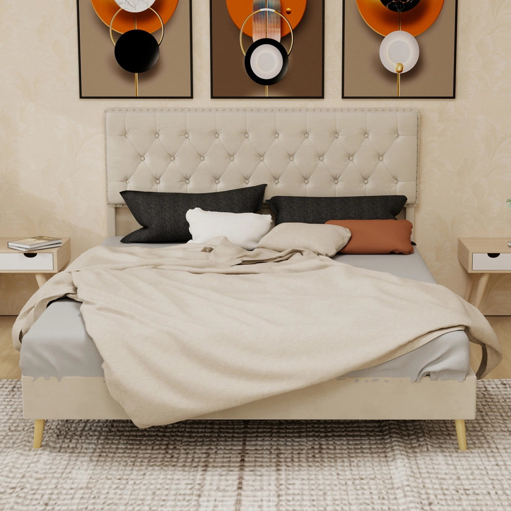 Letto Basso 160 x 200 cm - Testiera Alta Imbottita e Spazio Sottoletto - Beige