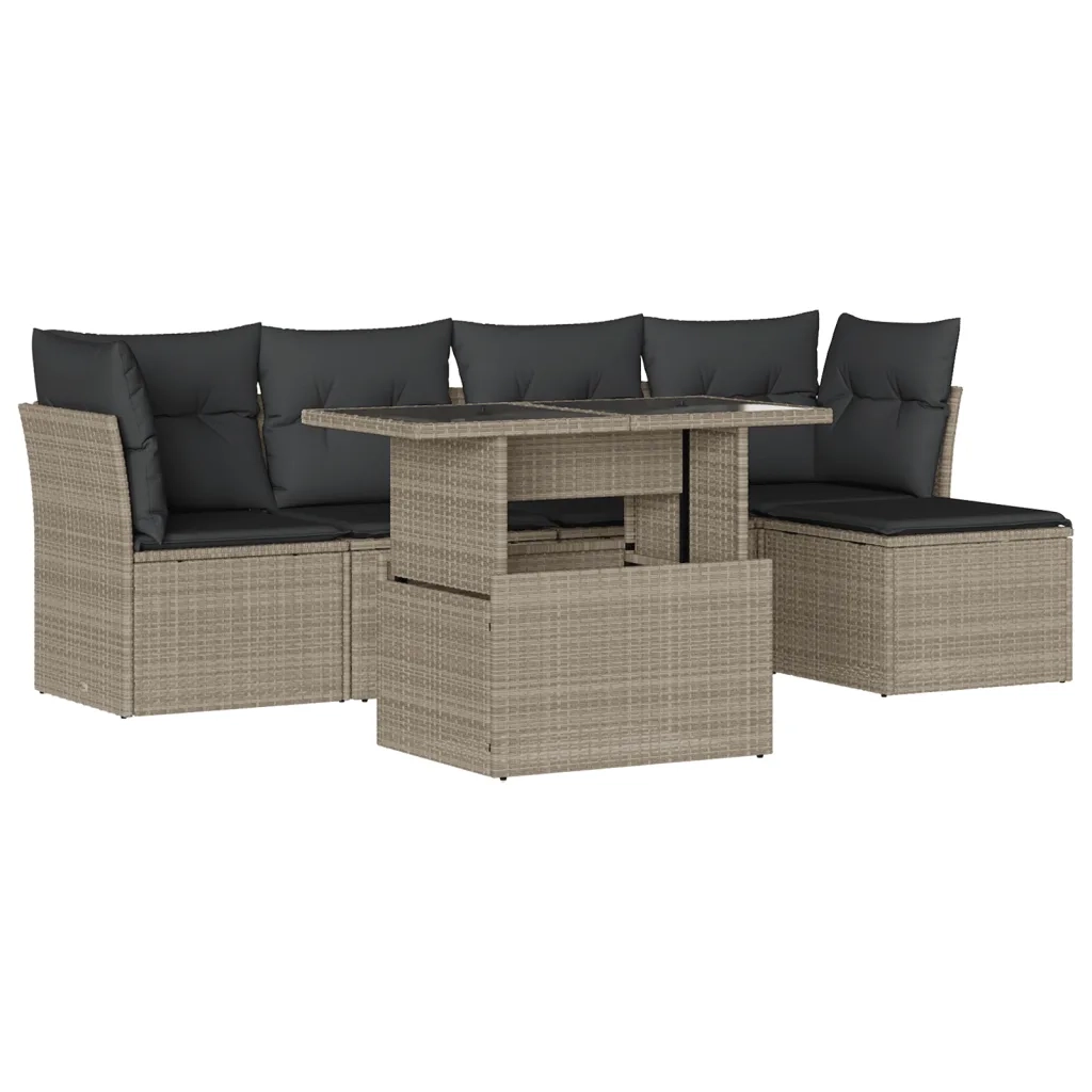 Set Divano da Giardino 6pz con Cuscini Grigio Chiaro Polyrattan