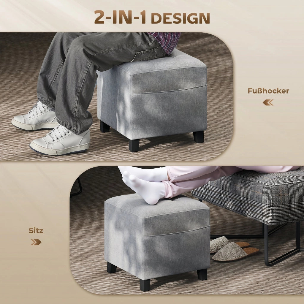 Pouf quadrato con tasca laterale ¨C Xylo ¨C tessuto effetto lino grigio chiaro gambe legno