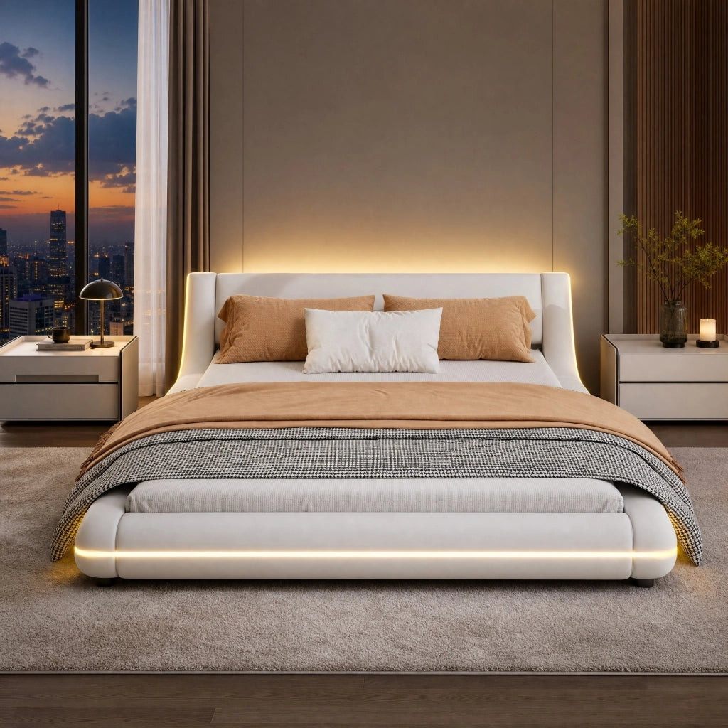 Letto basso 140 x 200 cm bianco in PU con illuminazione LED controllabile
