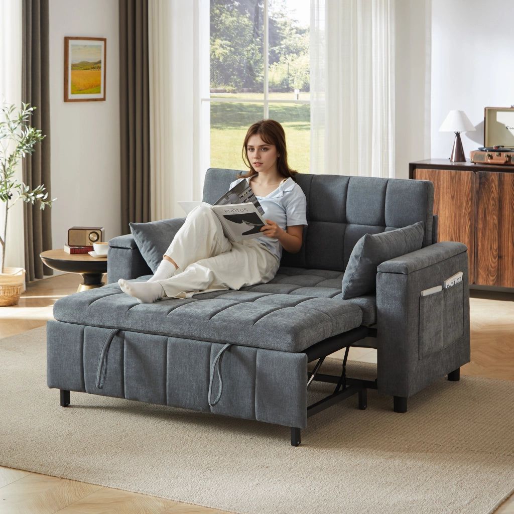 Divano letto 2 posti 3 in 1 con contenitore nei braccioli e tasche laterali, struttura in metallo, in ciniglia grigio