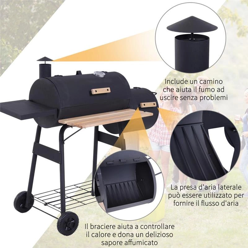 BARBECUE A CARBONE CON COPERCHIO E AFFUMICATORE, BBQ DA GIARDINO CON RIPIANI E RUOTE 124X53X104 CM, NERO