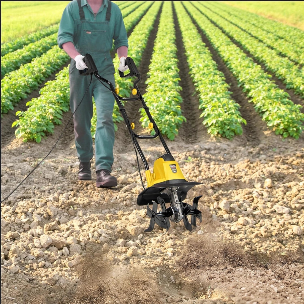 Motozappa Elettrica Pieghevole 750W, Larghezza di Lavoro 32 cm Profondità di Lavoro 22 cm, 4 Lame, Zappatrice Elettrica per Orto e Giardino (Giallo, 32 x 24 x 138 cm)