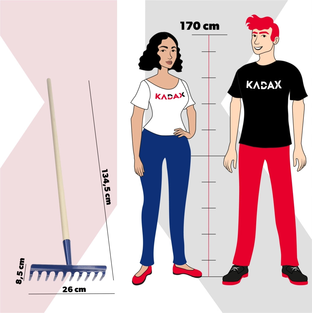Rastrello da giardino KADAX con manico in legno, 135 cm, in acciaio temprato, a 10 denti