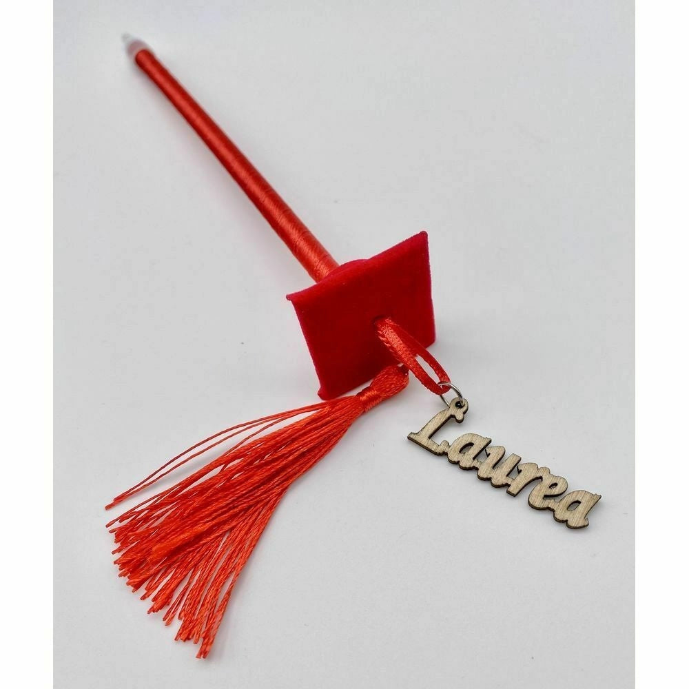 Trade Shop - Set 12 Bomboniera Laurea Penna A Sfera Rossa Rosso Con Applicazione Legno Tocco -