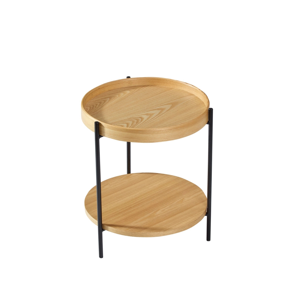 Tavolino da caff¨¨ rotondo ?69x38 cm a 2 ripiani in legno massello, MDF e ferro