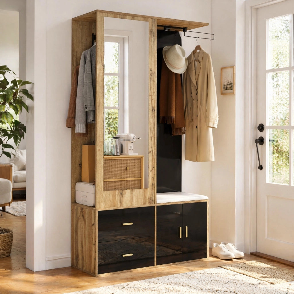 Set mobili da ingresso con specchio, panca portascarpe, scarpiera e appendiabiti, in truciolare nero naturale