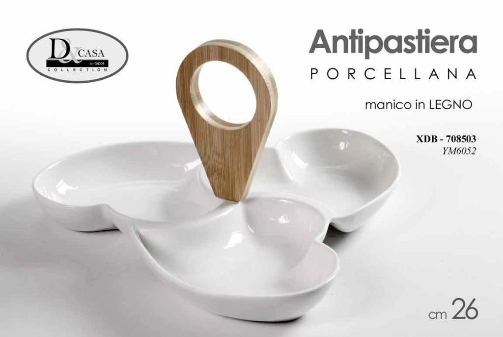 Antipastiera Snack in Porcellana con Manico in Legno 3 Scomparti 26 cm