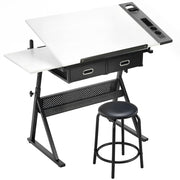 Tavolo da Disegno Regolabile 120x60x92 cm Scrivania e Sgabello per Disegno in MDF Metallo e PU Bianco