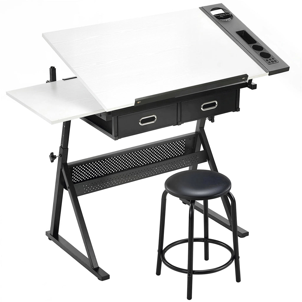Tavolo da Disegno Regolabile 120x60x92 cm Scrivania e Sgabello per Disegno in MDF Metallo e PU Bianco