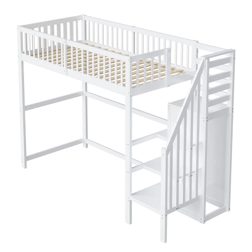 Letto a castello bianco in legno con scala e ripiano portaoggetti 90x200 cm