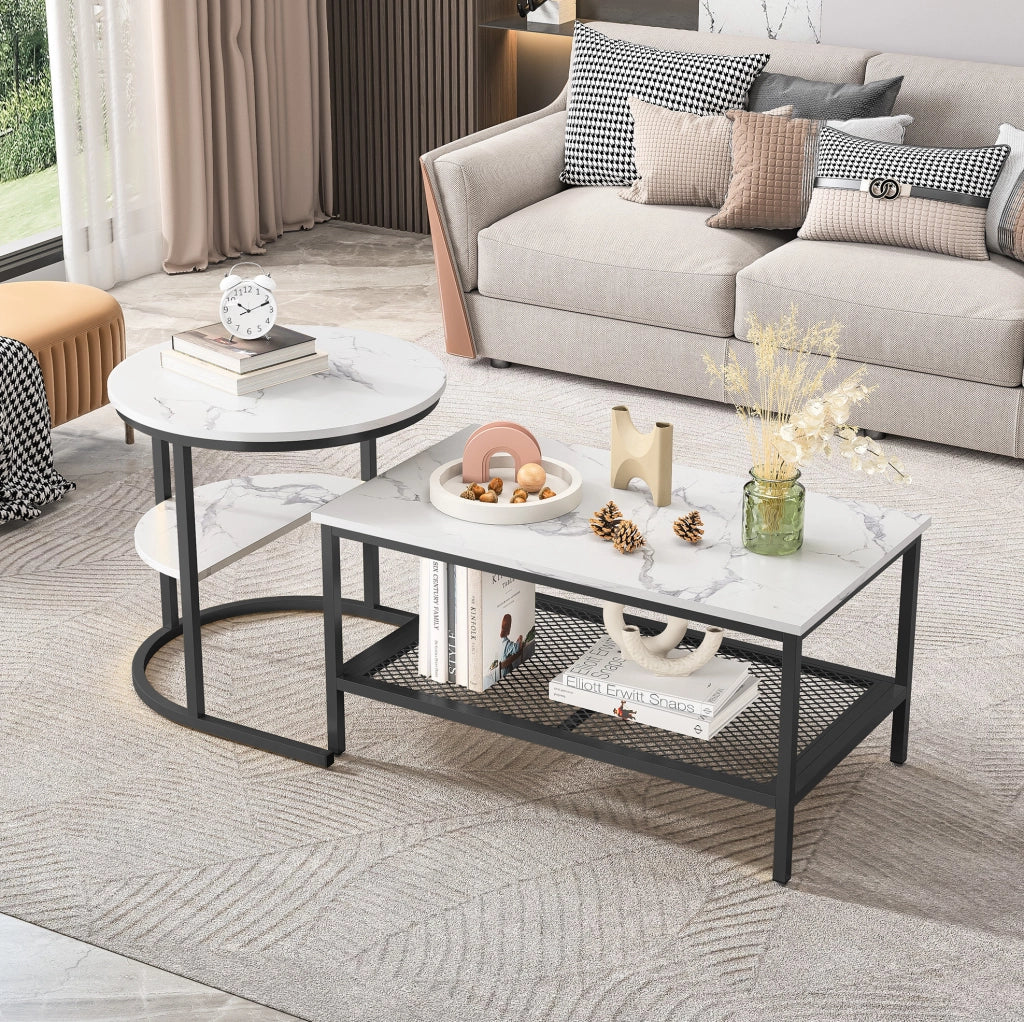 Set di tavolini da salotto; impilabile con vano portaoggetti; legno e acciaio inox; nero