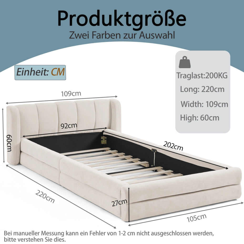 Letto Singolo 90x200 cm; con Schienale Imbottito e Struttura Rinforzata; Beige