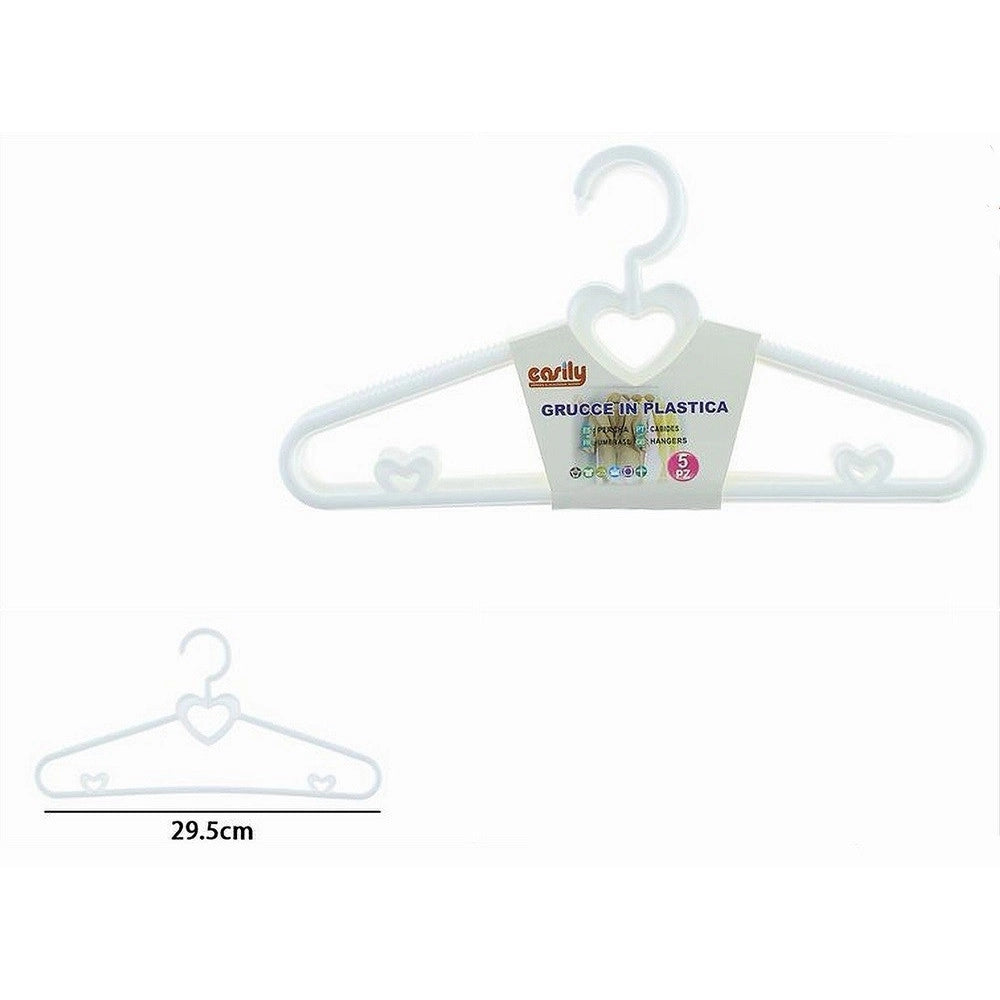 Trade Shop - Set 5pz Grucce Stampelle Con Cuori Appendiabiti In Plastica Bianca Vestiti 87677 -
