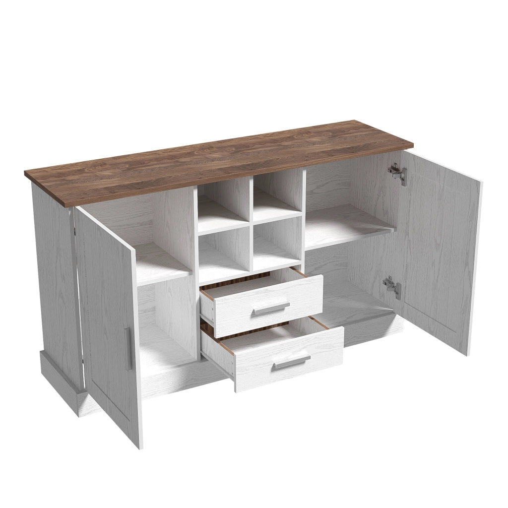 Credenza 2 Ante 2 Cassetti ¨C MINIMAL ¨C Bianco e Marrone Effetto Legno 140x40x79,5 cm